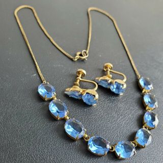 Vintage Art Deco Sapphire Blue Czech Glass Rhinestone Necklace & Earrings Q83