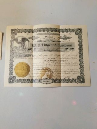 1910 W.  F.  Nugent And Co.  Bloomfield Vt Vermont Vintage Stock Certificate