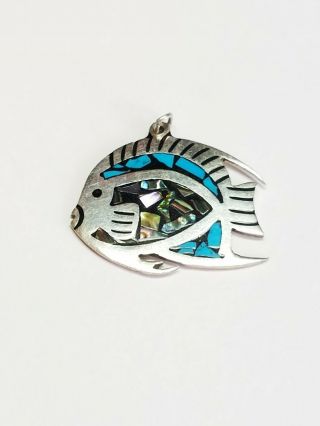 Vintage Taxco Mexico 925 Sterling Silver Turquoise Abalone Inlay Fish Pendant