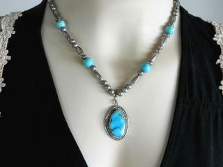 Vintage Necklace Solid 925 Sterling Silver Southwestern Turquoise Stone Pendant