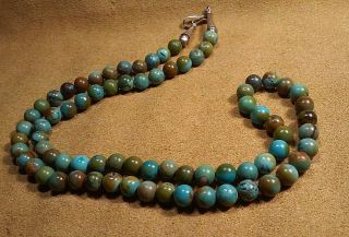 Vintage 8mm Round Natural Chinese Turquoise Gemstone Beads Necklace 24 ",  S.  Silver