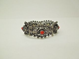 900 Silver Cannetile Filigree Panel Link Bracelet Red Coral Cabochons Vintage