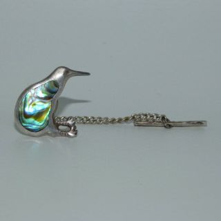 Vintage Sterling Silver Kiwi And Paua Shell Tie Pin And Safety Chain