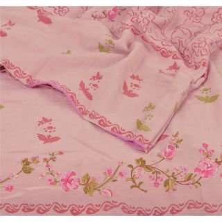 Sanskriti Vintage Pink Saree Printed 100 Pure Crepe Silk Sari Craft Soft Fabric 2