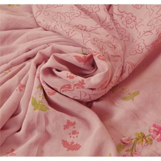 Sanskriti Vintage Pink Saree Printed 100 Pure Crepe Silk Sari Craft Soft Fabric 4