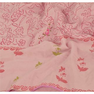 Sanskriti Vintage Pink Saree Printed 100 Pure Crepe Silk Sari Craft Soft Fabric 5