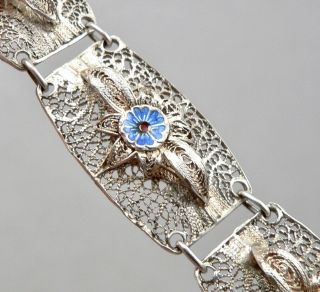 Vintage Portugal 833 Silver Filigree Enamel Flower Link Bracelet Hallmarked 7 "