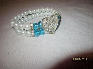 VTG Art Deco Style Solid Glass Faux Pearl Clear Rhinestone Heart Bracelet 4