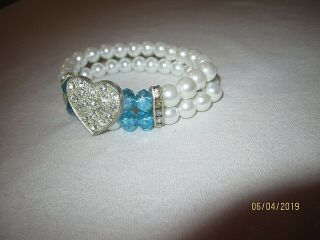VTG Art Deco Style Solid Glass Faux Pearl Clear Rhinestone Heart Bracelet 5