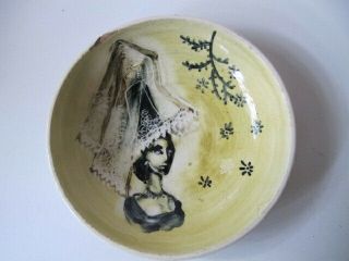 Vintage Martin Boyd Yellow Ceramic Dish With Lady - Australian 1950s? Pottery