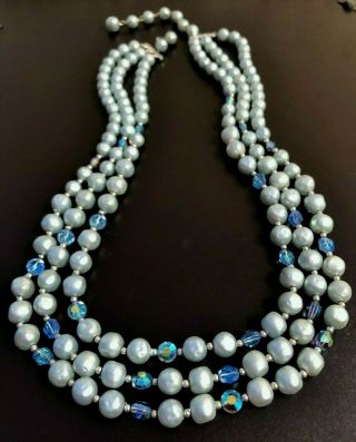 Vintage Pearl Necklace Multi Strand Light Blue Glass Aurora Borealis Beads Long