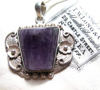 Vintage Jewellery 925 Silver Amethyst Art & Crafts Style Pendant Necklace
