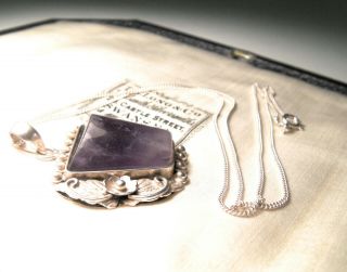 VINTAGE JEWELLERY 925 SILVER AMETHYST ART & CRAFTS STYLE PENDANT NECKLACE 6