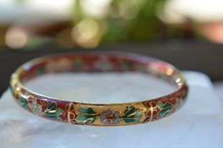 Vintage Brass Enamel Cloisonné Carved Floral Bangle Bracelet