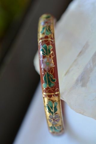 Vintage Brass Enamel Cloisonné Carved Floral Bangle Bracelet 2