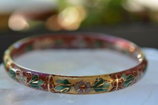 Vintage Brass Enamel Cloisonné Carved Floral Bangle Bracelet 3