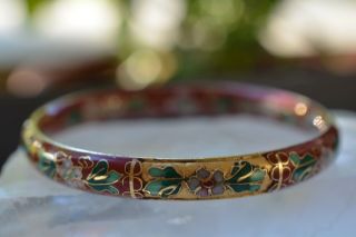 Vintage Brass Enamel Cloisonné Carved Floral Bangle Bracelet 4