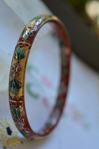 Vintage Brass Enamel Cloisonné Carved Floral Bangle Bracelet 5