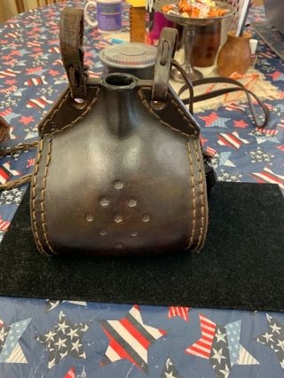 Vintage Leather Canteen With A Wood Cork Top With Carrying Rope Attached 18 Oz