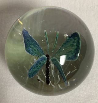 Dynasty Gallery Vintage Round Glass Paperweight Blue Butterfly 20778