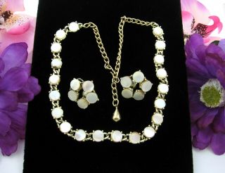 Coro Mother Of Pearl Clip - On Earrings & Necklace Vintage Choker Goldtone Mop