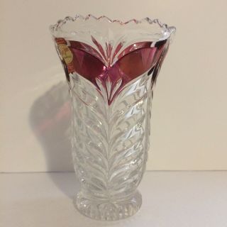 Vintage Anna Hutte Bleikristall Lead Crystal Vase Wing Motif with Ruby Flash 5