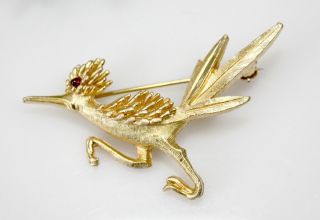 Vintage Signed Boucher Numbered Bird Pin Brooch Gold Tone Red Rhinestone Estate