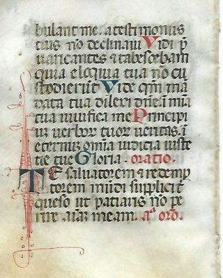 1 Leaf Illuminated Latin Book of Hours Vellum Manuscript Dating to 15th Century 2