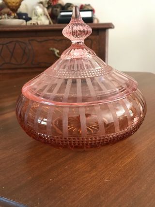 Vintage Glass Pink Depression Covered Candy Dish Stripe Pattern