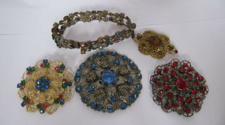 Vintage jewellery Czech filigree rhinestone rbooches pins bracelet 3
