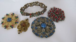 Vintage jewellery Czech filigree rhinestone rbooches pins bracelet 4
