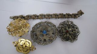 Vintage jewellery Czech filigree rhinestone rbooches pins bracelet 5