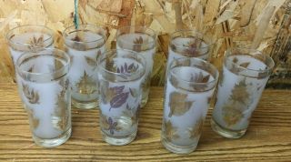 Set Of 8 Vintage 1960’s Libby Frosted Gold Leaf Tea Water Glasses Tumblers