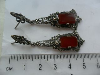 Vintage art deco sterling silver marcasite carnelian / agate earrings jewellery 4