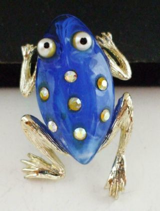 Sweet Vintage 3 - D Blue Jelly Belly Frog Pin Brooch W/ab Rhinestone Accents