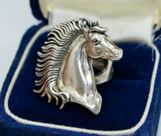 Vintage Sterling Silver Unusual Horse Head Equestrian Statement Ring - Sz J / 5