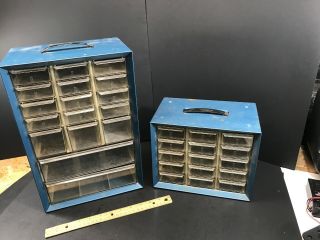 Vintage Blue Metal Akro Mils Storage Cabinet Hardware Organizer Bin