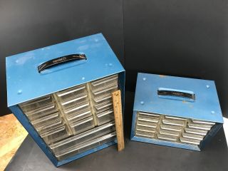 Vintage Blue Metal AKRO MILS Storage Cabinet Hardware Organizer Bin 6