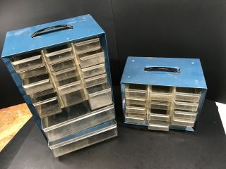 Vintage Blue Metal AKRO MILS Storage Cabinet Hardware Organizer Bin 7