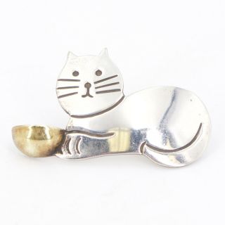 Vtg Sterling Silver & Brass Accent Mexico Taxco Kitty Cat Bowl Brooch Pin - 12g