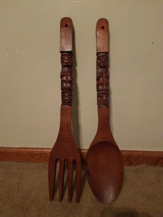 Vintage Giant Fork And Spoon Wall Decor Tiki Totem 22 " Carved Wood Wooden