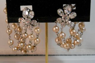 Vintage Unsigned Crystal Rhinestone Faux Pearls Swag Ear Climber Clip Earrings