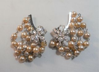 Vintage Unsigned Crystal Rhinestone Faux Pearls Swag Ear Climber Clip Earrings 2