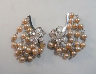Vintage Unsigned Crystal Rhinestone Faux Pearls Swag Ear Climber Clip Earrings 3