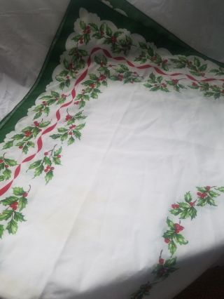 Vintage Mid Century Modern Christmas Tablecloth 50 " X 75 " Oval Holly Ribbon