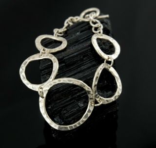 Vtg Sterling Silver Hand Hammered Round Link Chain Toggle Bracelet