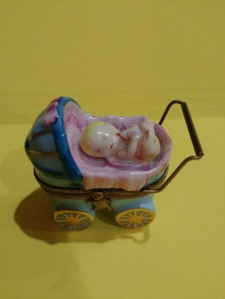 Vintage Limoges Trinket Box Baby In Carriage Peint Main