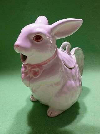 Vintage Takahashi Art Pottery Hand Painted Bunny Rabbit Teapot / Pitcher W/ Leaf