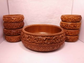 Ornate Vintage Hand Carved Wood Wooden Salad Bowl Serving Dish Set Nine (9) Bowls
