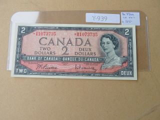 Vintage Banknote Canada 1954 2 Dollar Replacement Prefix Bb Y939